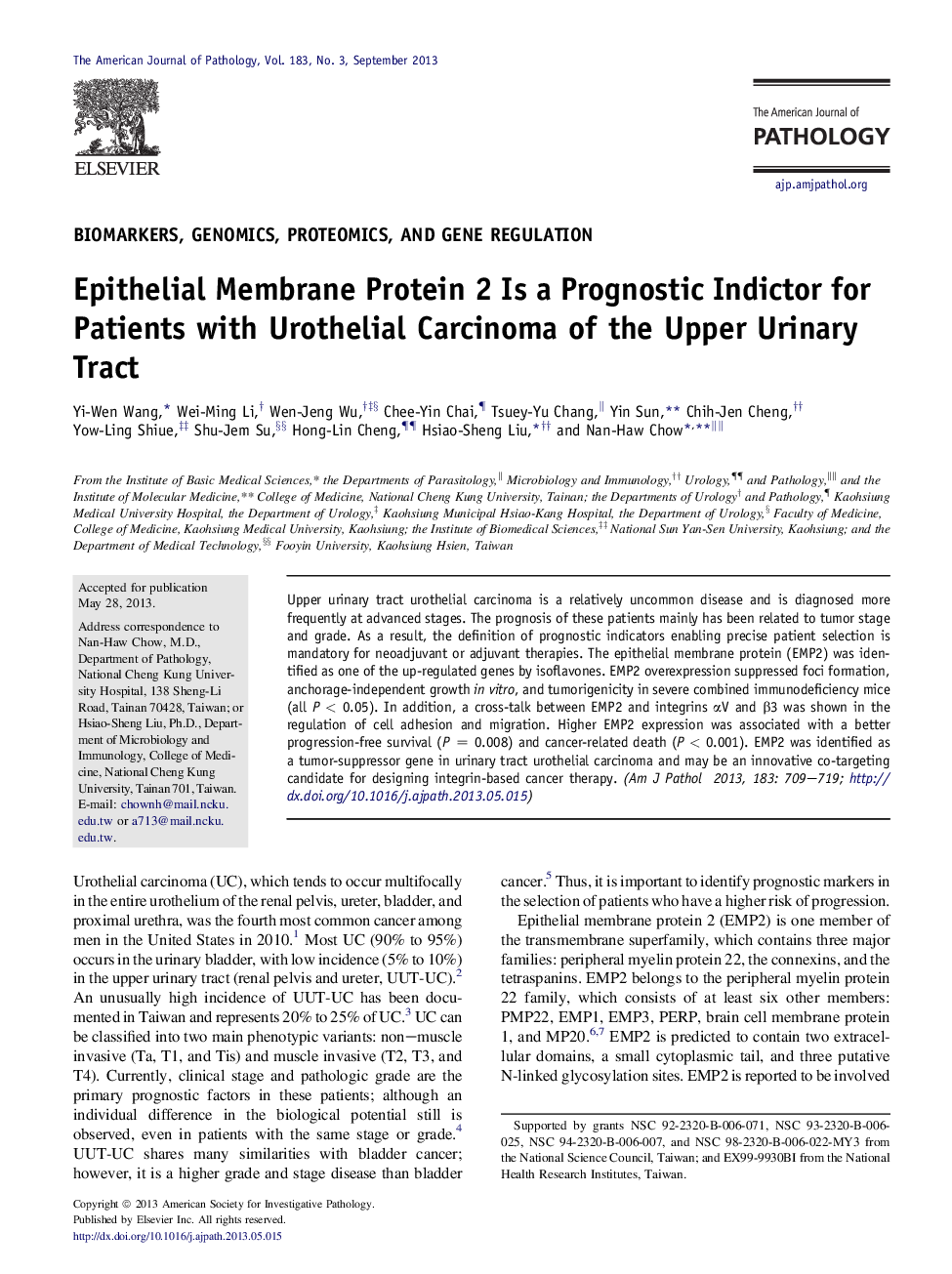 Epithelial Membrane Protein 2 Is a Prognostic Indictor for Patients with Urothelial Carcinoma of the Upper Urinary Tract
