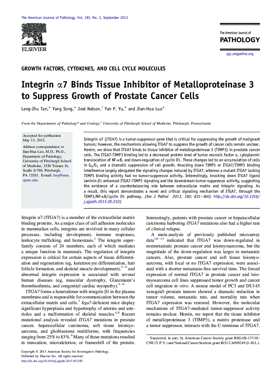 Integrin Î±7 Binds Tissue Inhibitor of Metalloproteinase 3 to Suppress Growth of Prostate Cancer Cells