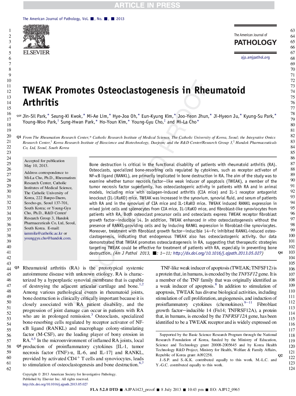 TWEAK Promotes Osteoclastogenesis in Rheumatoid Arthritis