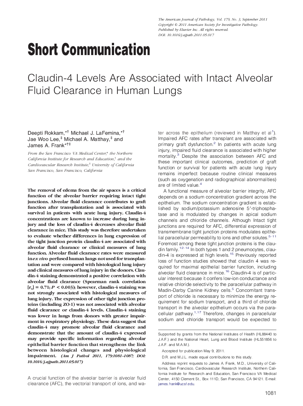 Claudin-4 Levels Are Associated with Intact Alveolar Fluid Clearance in Human Lungs