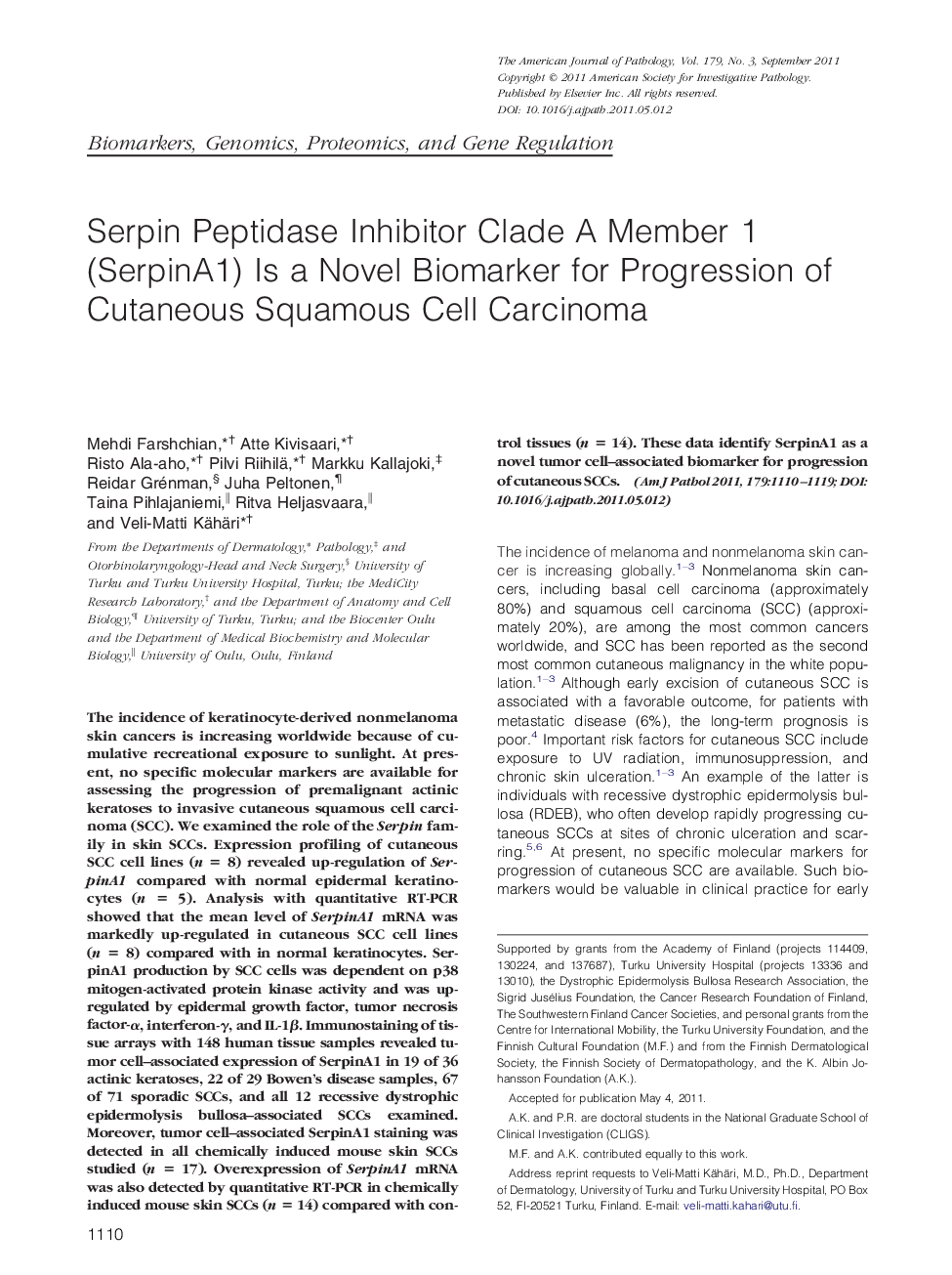 Serpin Peptidase Inhibitor Clade A Member 1 (SerpinA1) Is a Novel Biomarker for Progression of Cutaneous Squamous Cell Carcinoma