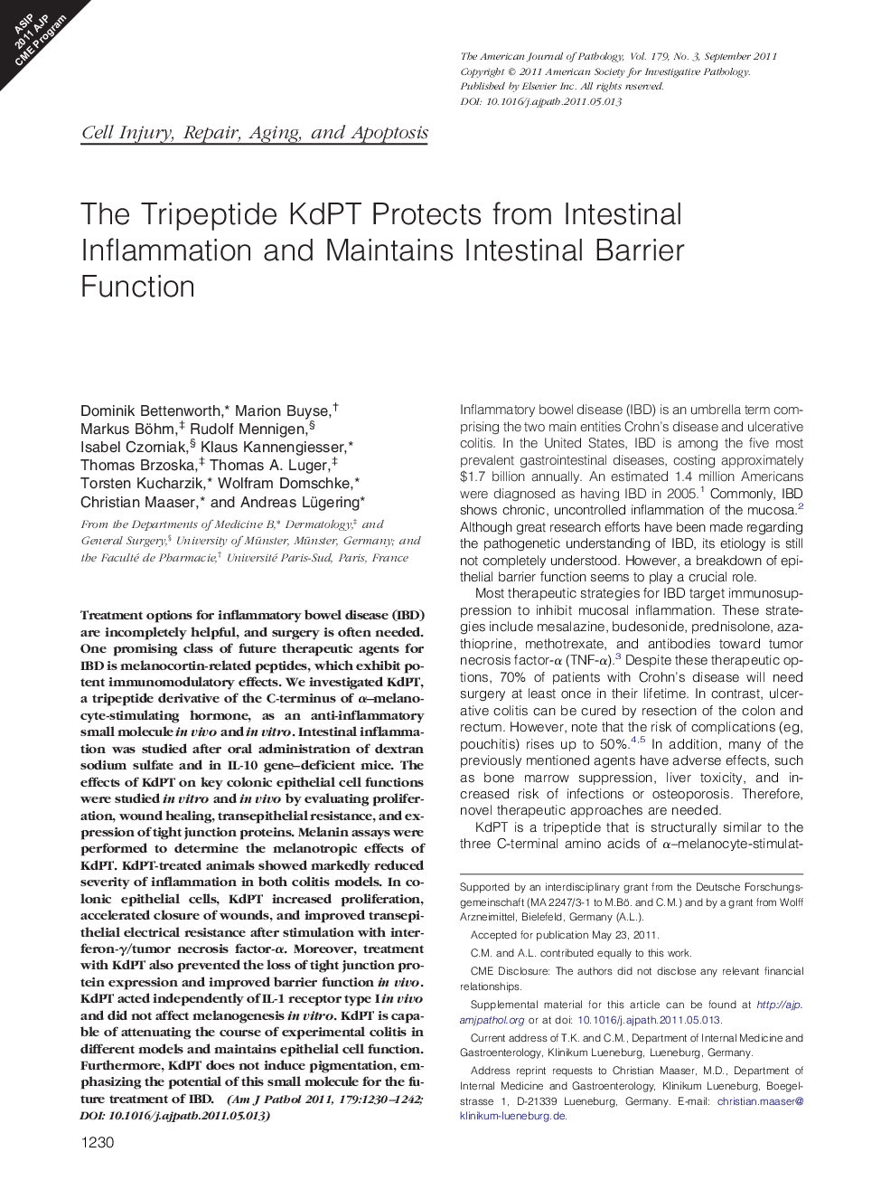 Regular articleCell injury, repair, aging, and apoptosisThe Tripeptide KdPT Protects from Intestinal Inflammation and Maintains Intestinal Barrier Function