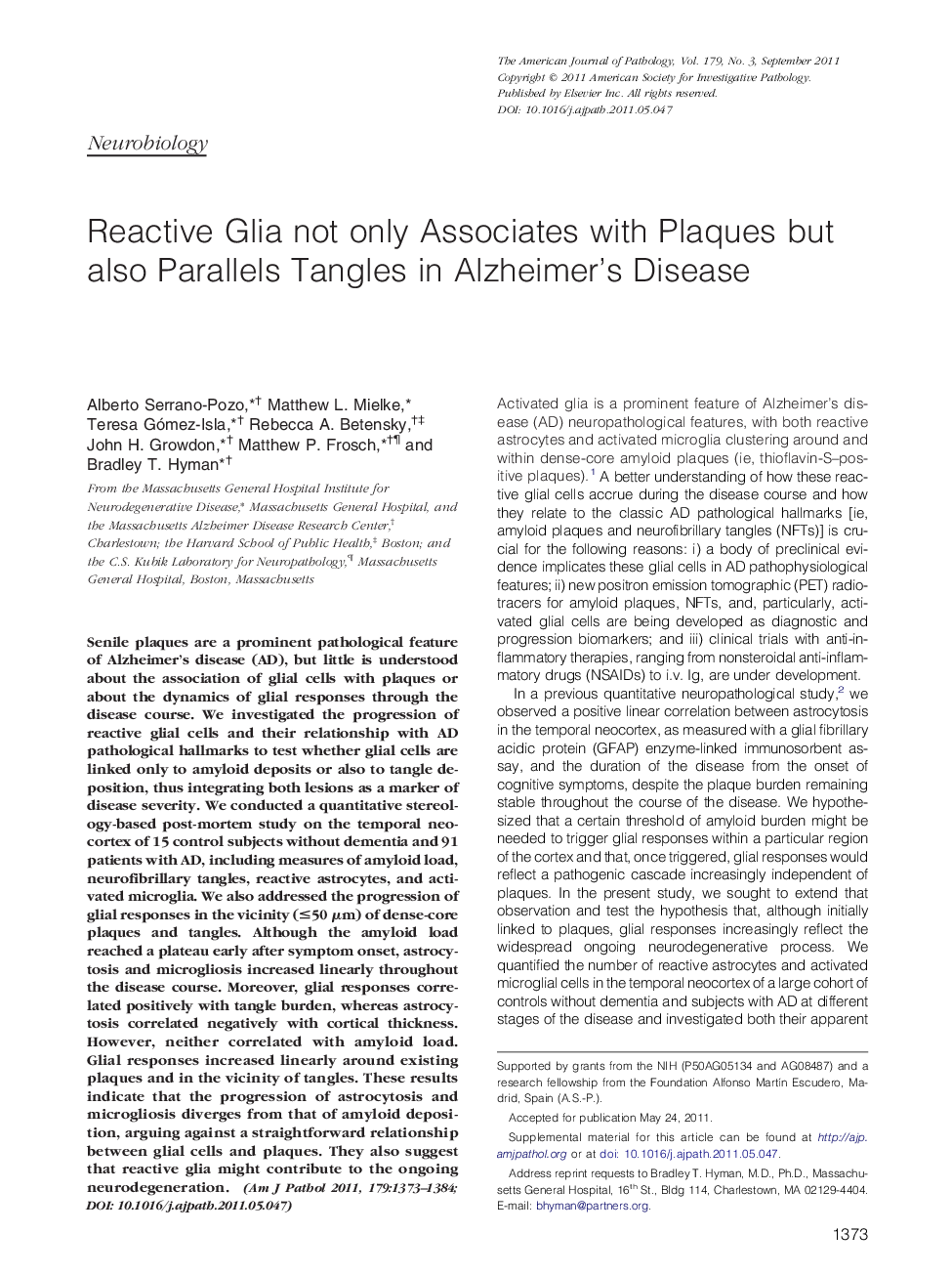 Reactive Glia not only Associates with Plaques but also Parallels Tangles in Alzheimer's Disease