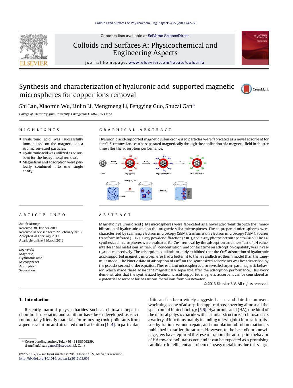 عکس صفحه اول مقاله: Synthesis and characterization of hyaluronic acid-supported magnetic microspheres for copper ions removal Synthesis and characterization of hyaluronic acid-supported magnetic microspheres for copper ions removal