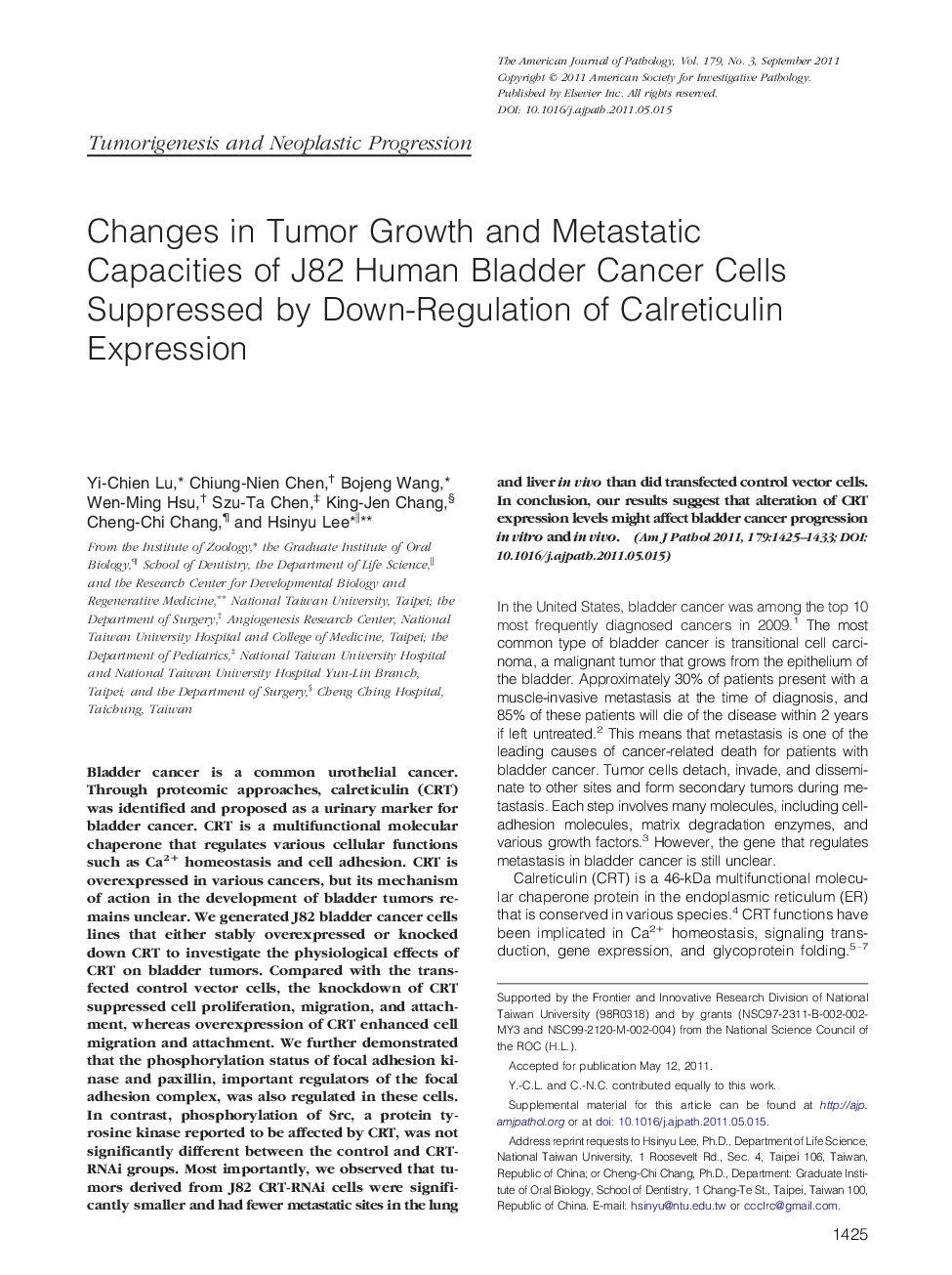 عکس صفحه اول مقاله: Changes in Tumor Growth and Metastatic Capacities of J82 Human Bladder Cancer Cells Suppressed by Down-Regulation of Calreticulin Expression Changes in Tumor Growth and Metastatic Capacities of J82 Human Bladder Cancer Cells Suppressed by Down-Regulation of Calreticulin Expression