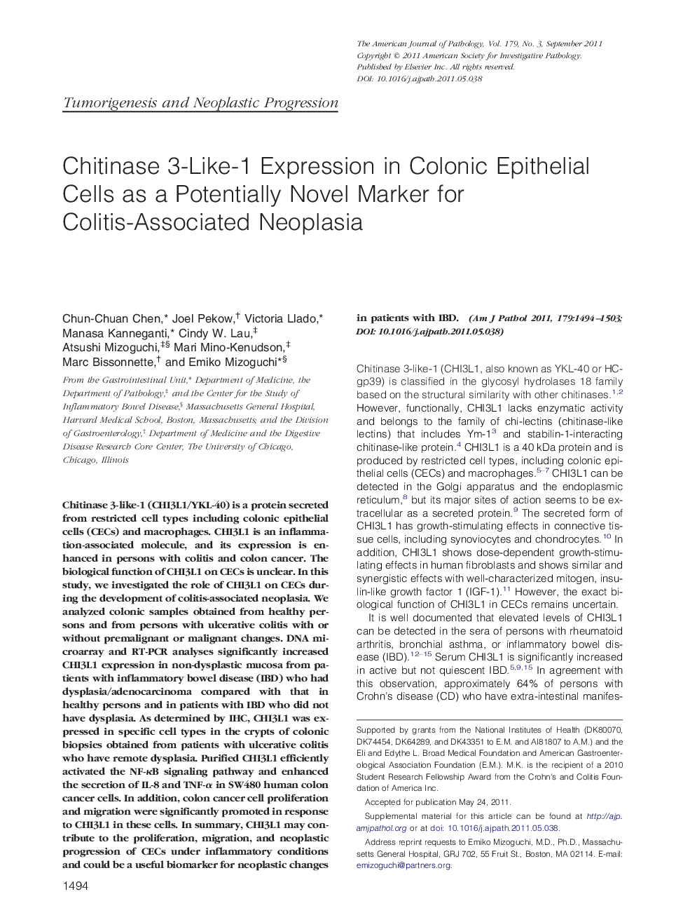Chitinase 3-Like-1 Expression in Colonic Epithelial Cells as a Potentially Novel Marker for Colitis-Associated Neoplasia