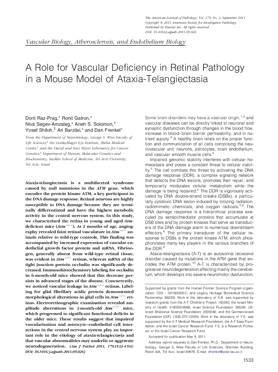 A Role for Vascular Deficiency in Retinal Pathology in a Mouse Model of Ataxia-Telangiectasia
