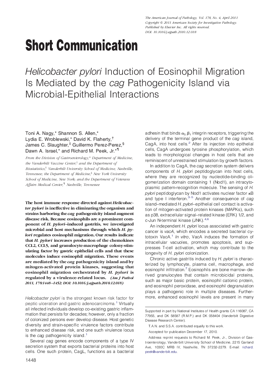 Short communicationHelicobacter pylori Induction of Eosinophil Migration Is Mediated by the cag Pathogenicity Island via Microbial-Epithelial Interactions