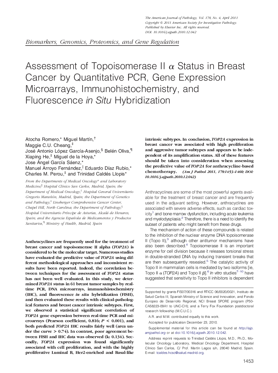 Assessment of Topoisomerase II Î± Status in Breast Cancer by Quantitative PCR, Gene Expression Microarrays, Immunohistochemistry, and Fluorescence in Situ Hybridization