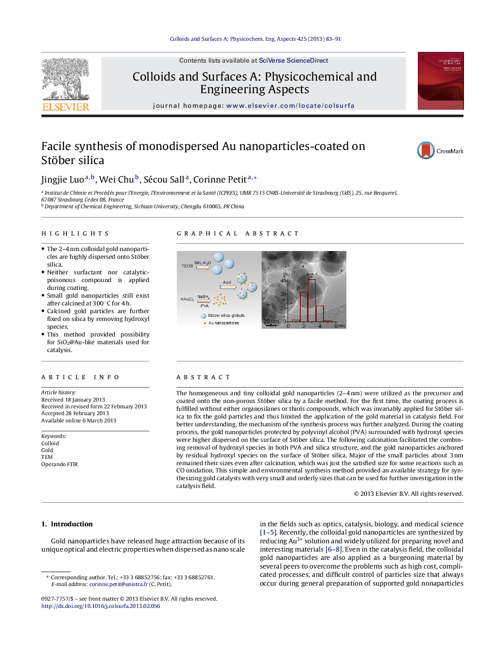 Facile synthesis of monodispersed Au nanoparticles-coated on Stöber silica