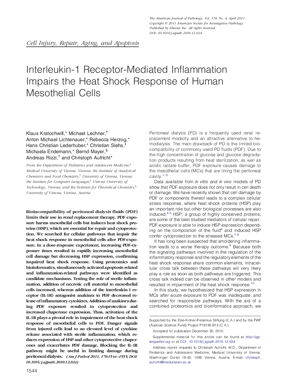Interleukin-1 Receptor-Mediated Inflammation Impairs the Heat Shock Response of Human Mesothelial Cells