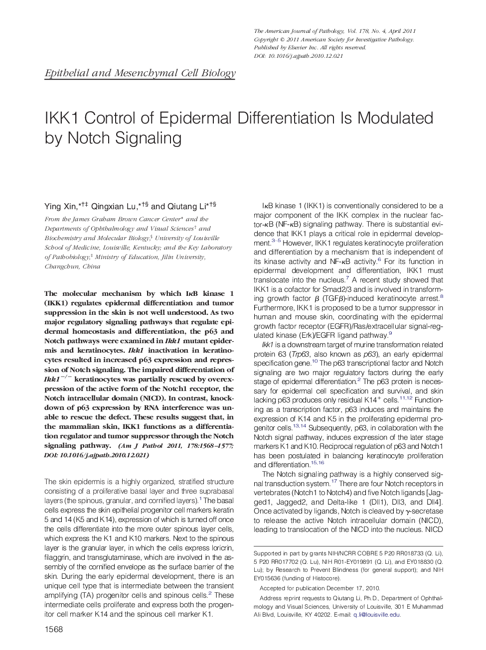 IKK1 Control of Epidermal Differentiation Is Modulated by Notch Signaling