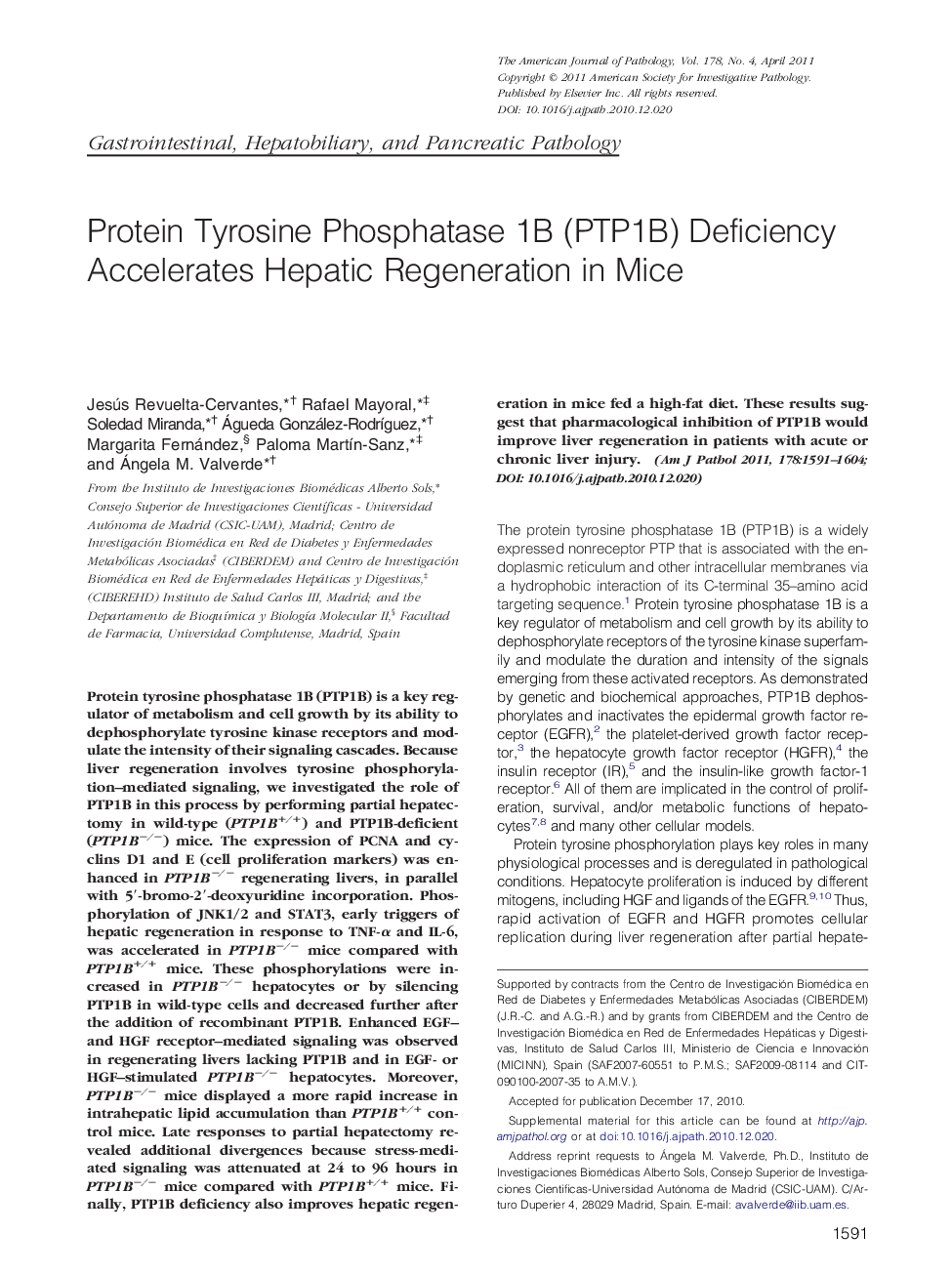 Protein Tyrosine Phosphatase 1B (PTP1B) Deficiency Accelerates Hepatic Regeneration in Mice