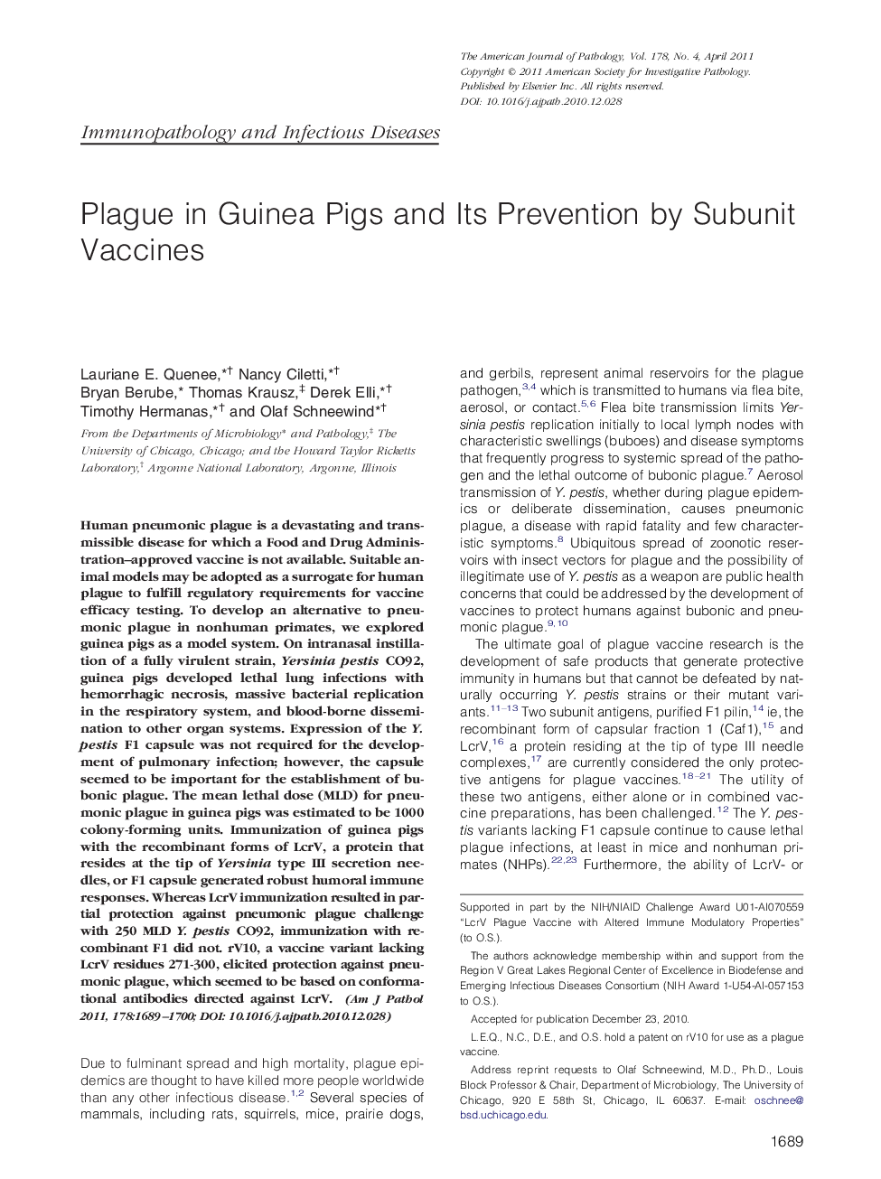 Plague in Guinea Pigs and Its Prevention by Subunit Vaccines