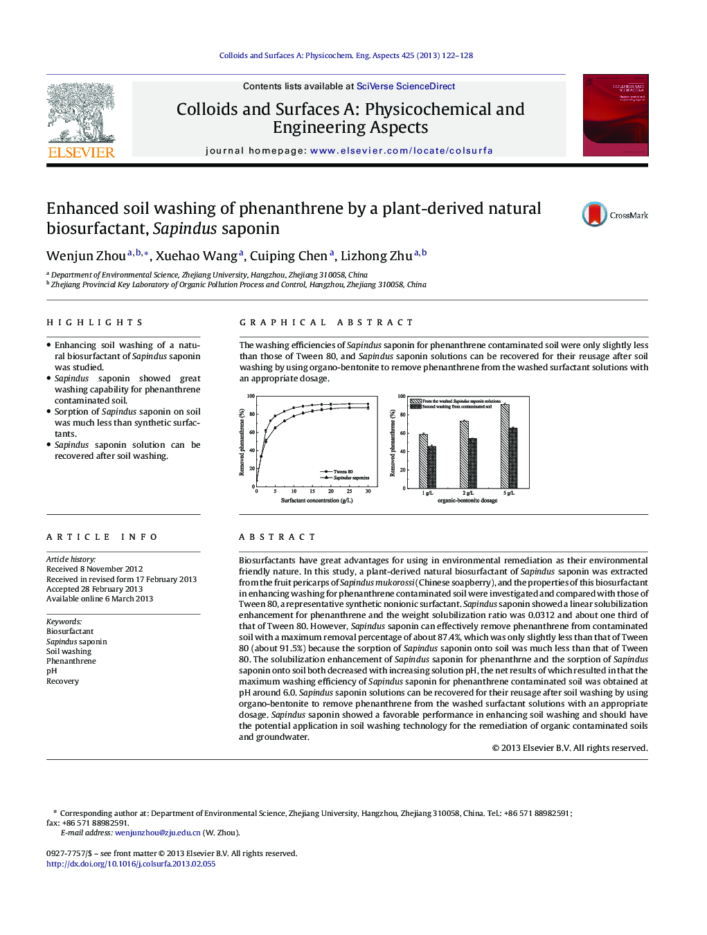 Enhanced soil washing of phenanthrene by a plant-derived natural biosurfactant, Sapindus saponin