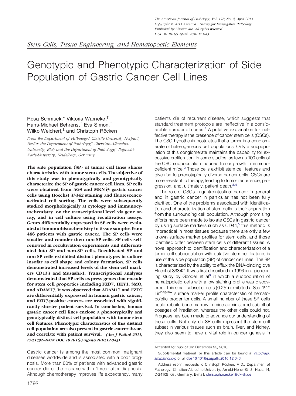 Genotypic and Phenotypic Characterization of Side Population of Gastric Cancer Cell Lines
