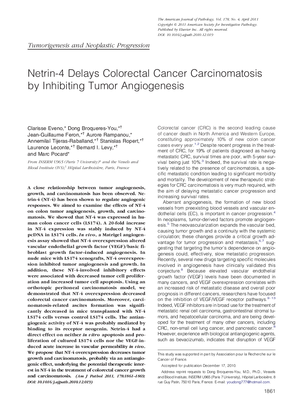 Netrin-4 Delays Colorectal Cancer Carcinomatosis by Inhibiting Tumor Angiogenesis