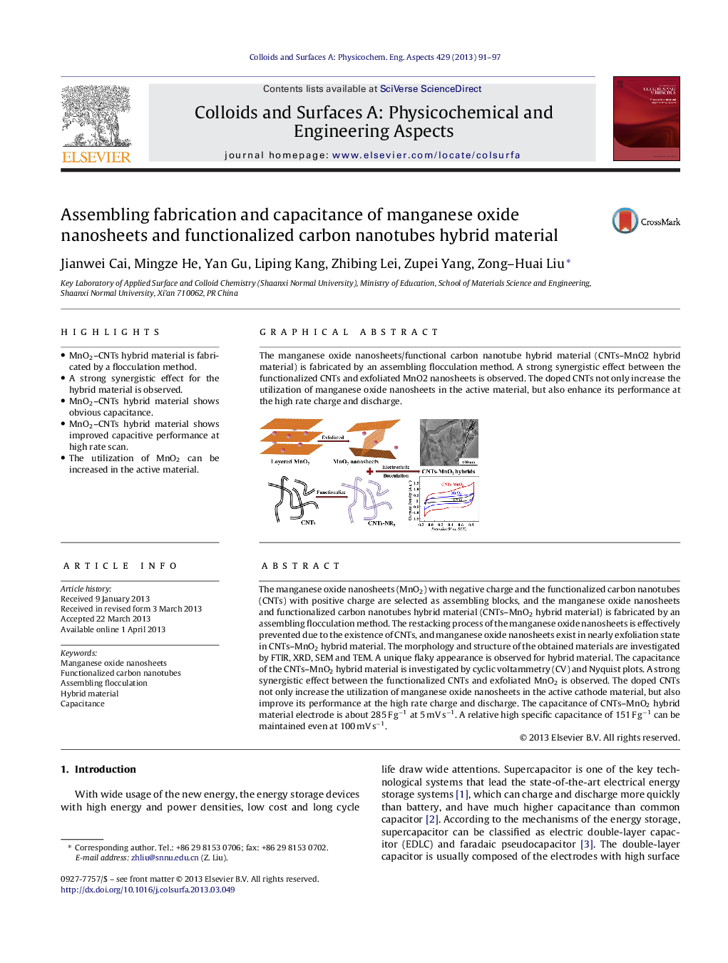 Assembling fabrication and capacitance of manganese oxide nanosheets and functionalized carbon nanotubes hybrid material