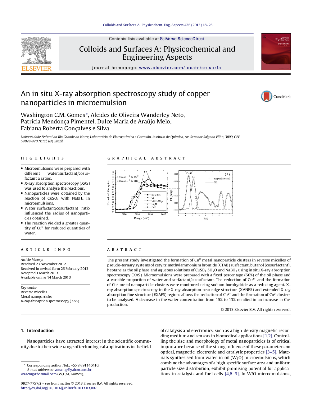 An in situ X-ray absorption spectroscopy study of copper nanoparticles in microemulsion