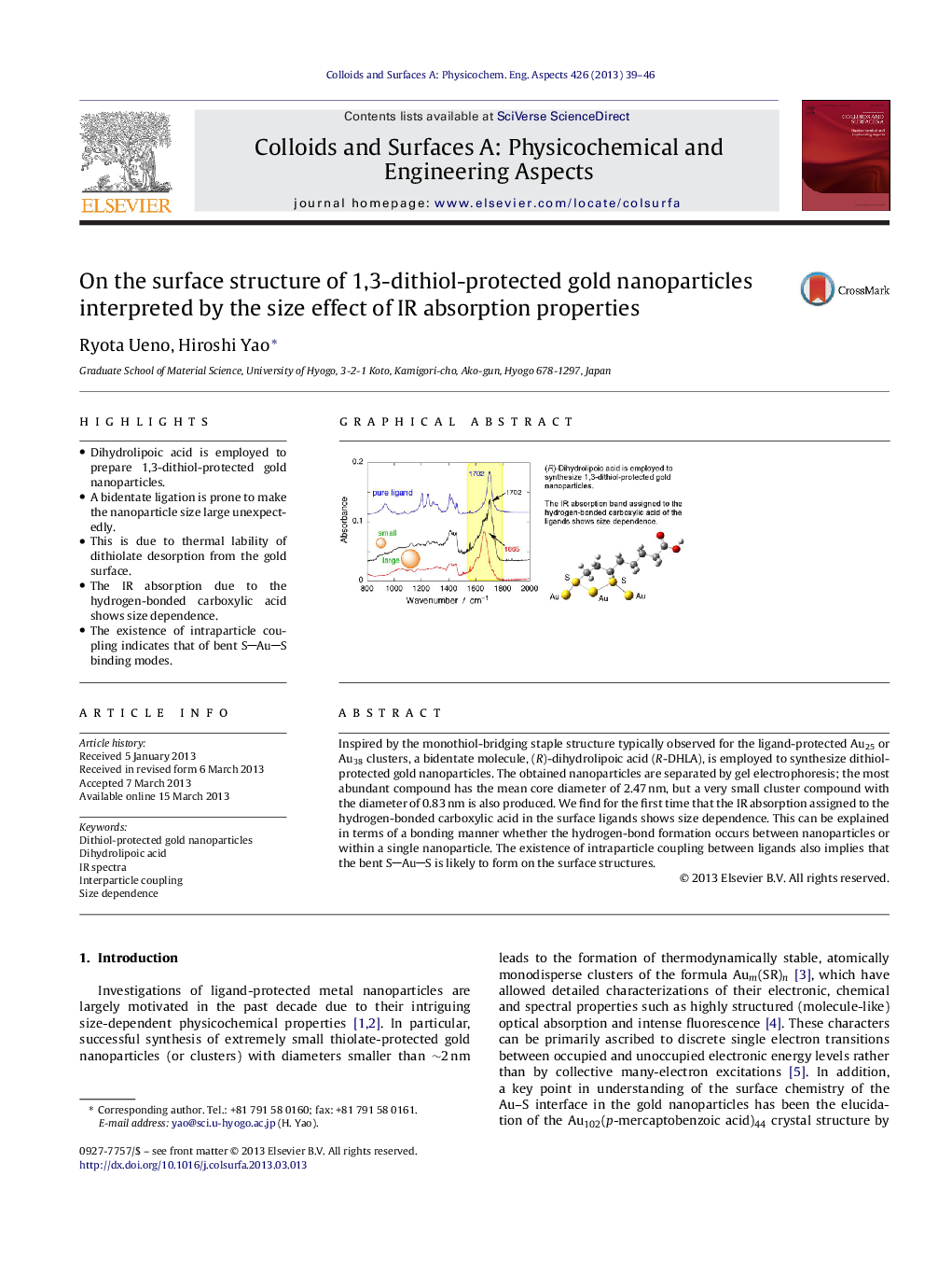 On the surface structure of 1,3-dithiol-protected gold nanoparticles interpreted by the size effect of IR absorption properties