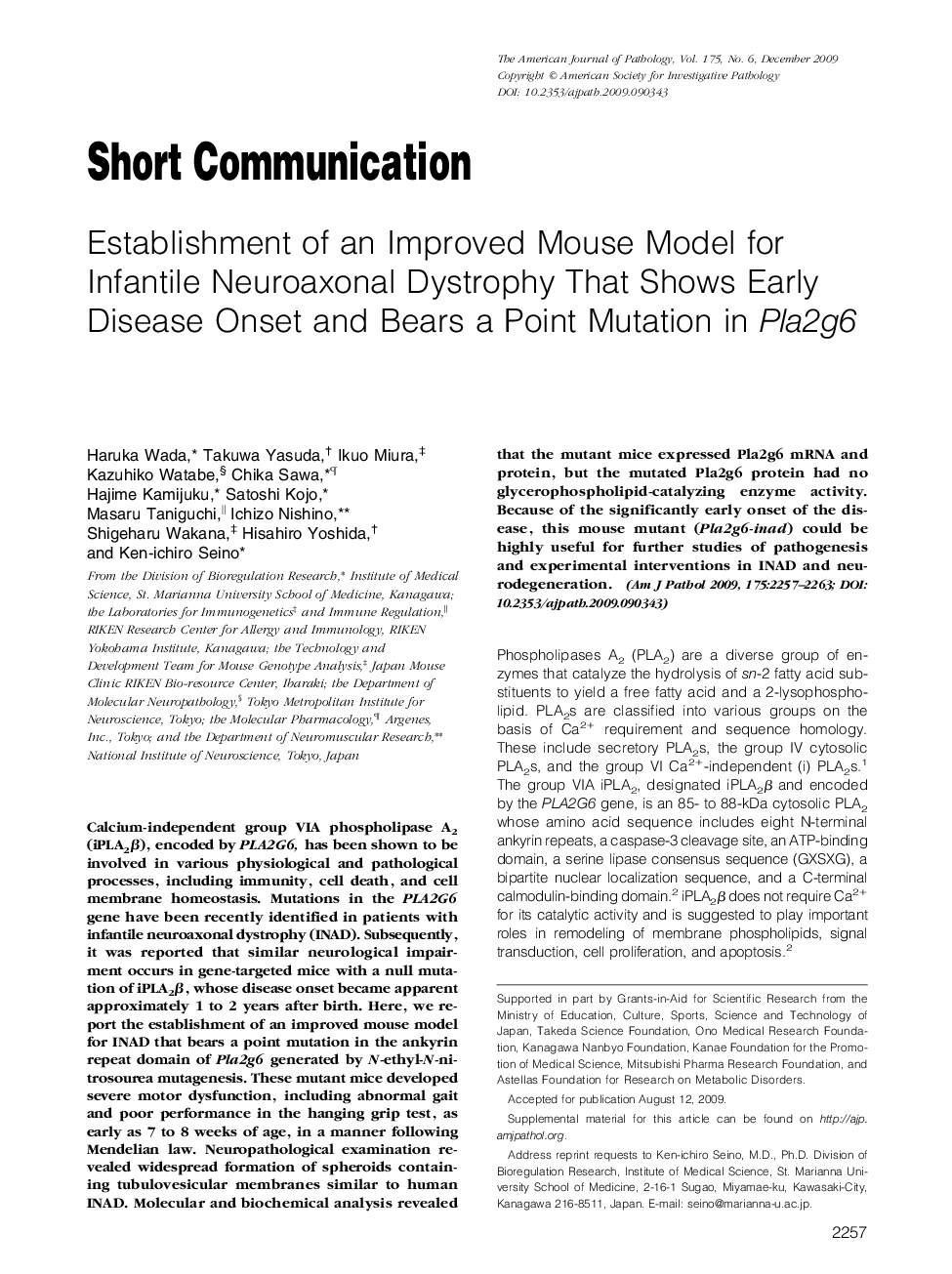 Establishment of an Improved Mouse Model for Infantile Neuroaxonal Dystrophy That Shows Early Disease Onset and Bears a Point Mutation in Pla2g6