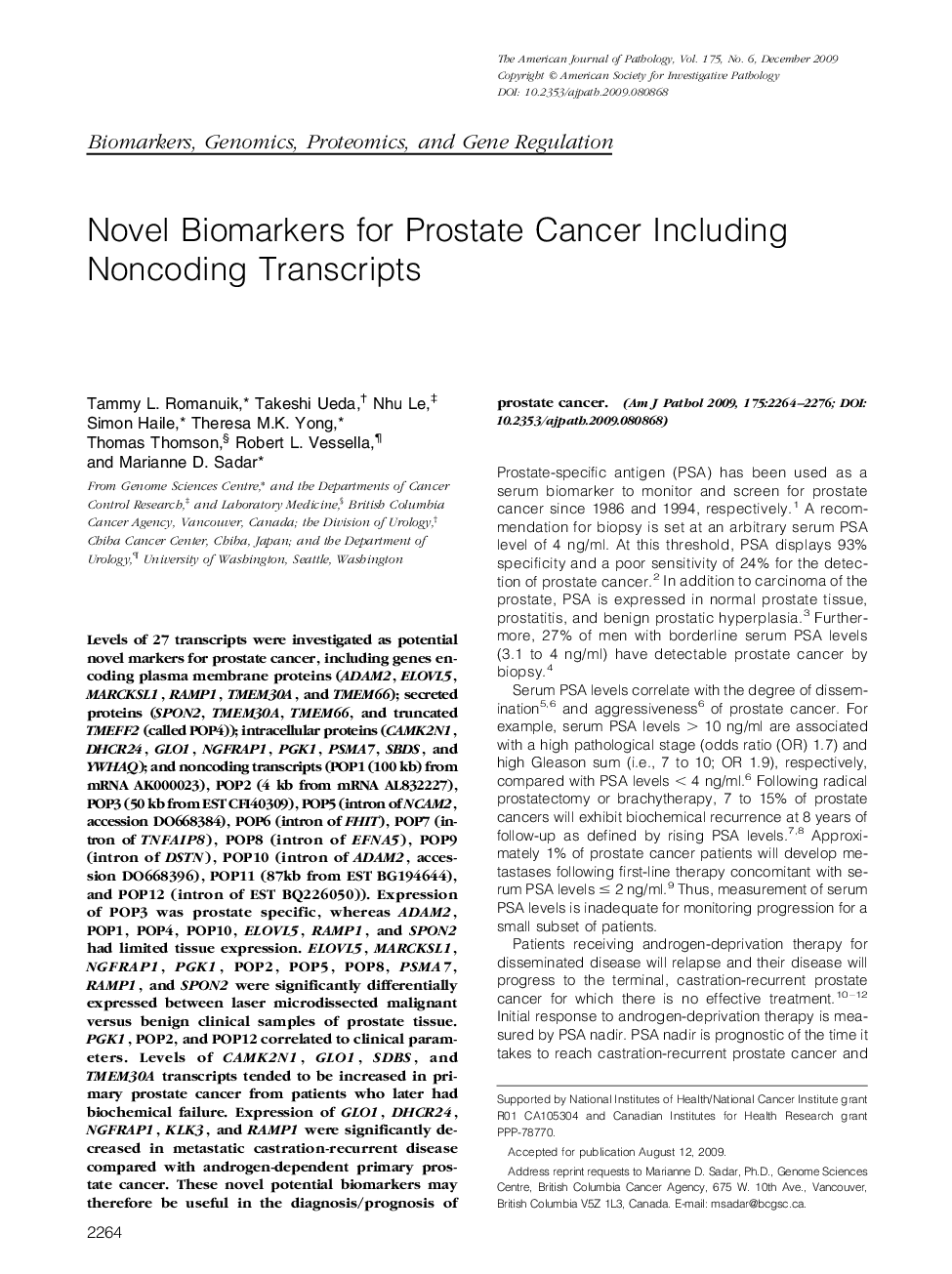 Novel Biomarkers for Prostate Cancer Including Noncoding Transcripts