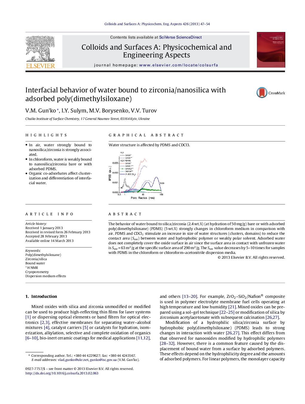 Interfacial behavior of water bound to zirconia/nanosilica with adsorbed poly(dimethylsiloxane)