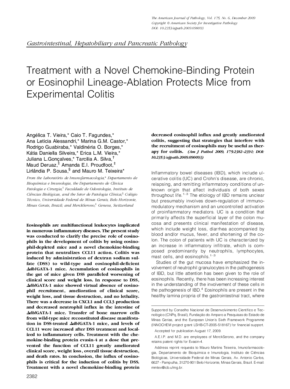 Treatment with a Novel Chemokine-Binding Protein or Eosinophil Lineage-Ablation Protects Mice from Experimental Colitis