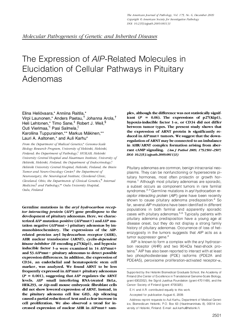 The Expression of AIP-Related Molecules in Elucidation of Cellular Pathways in Pituitary Adenomas