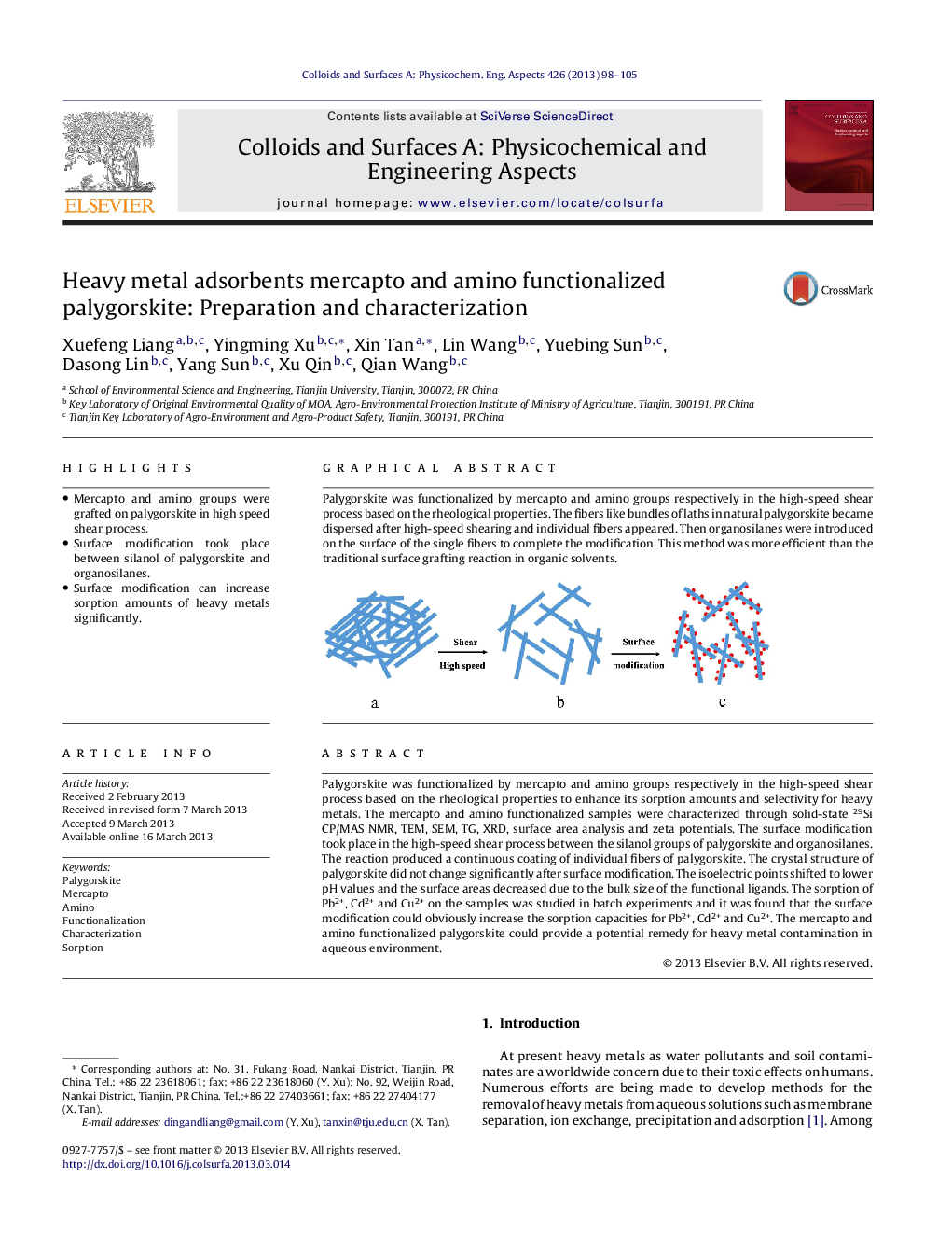 Heavy metal adsorbents mercapto and amino functionalized palygorskite: Preparation and characterization