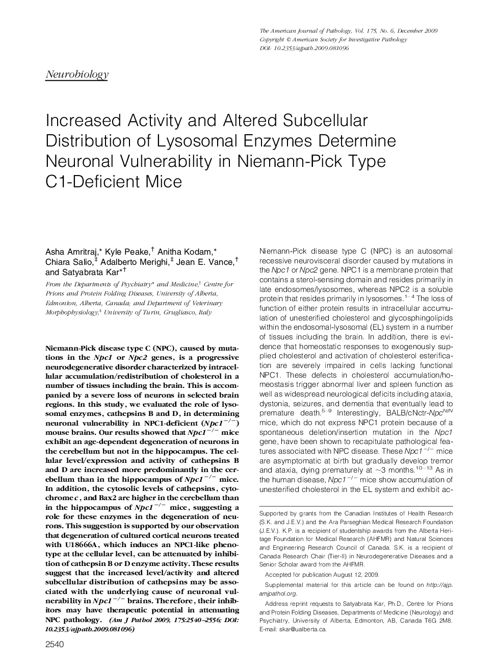 Increased Activity and Altered Subcellular Distribution of Lysosomal Enzymes Determine Neuronal Vulnerability in Niemann-Pick Type C1-Deficient Mice