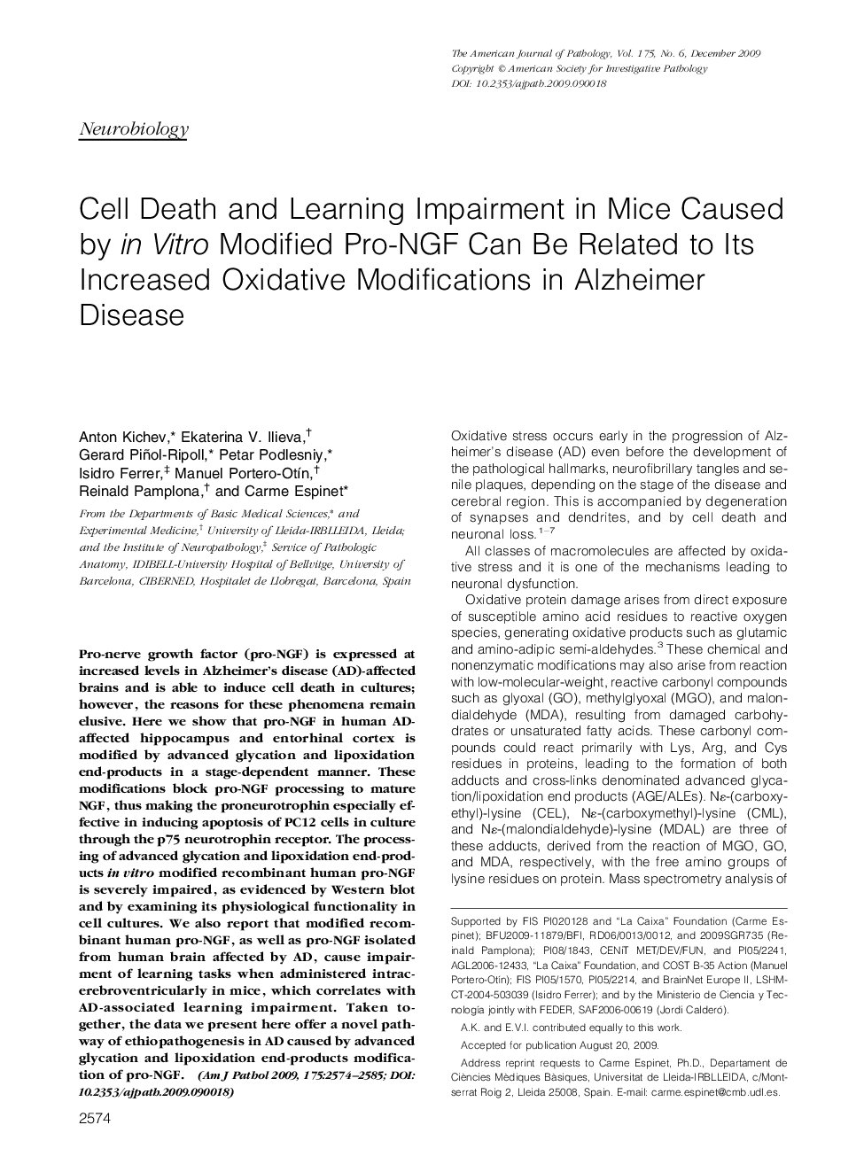 Cell Death and Learning Impairment in Mice Caused by in Vitro Modified Pro-NGF Can Be Related to Its Increased Oxidative Modifications in Alzheimer Disease