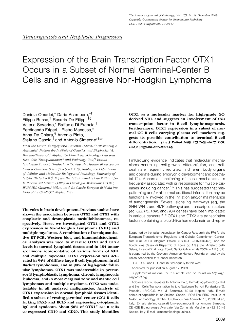 Expression of the Brain Transcription Factor OTX1 Occurs in a Subset of Normal Germinal-Center B Cells and in Aggressive Non-Hodgkin Lymphoma
