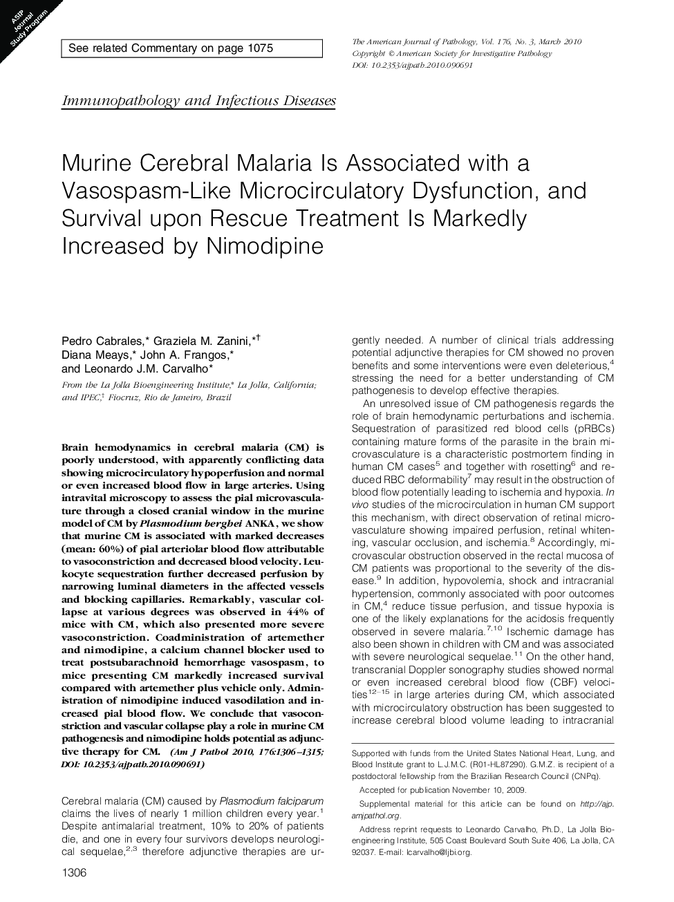 Murine Cerebral Malaria Is Associated with a Vasospasm-Like Microcirculatory Dysfunction, and Survival upon Rescue Treatment Is Markedly Increased by Nimodipine