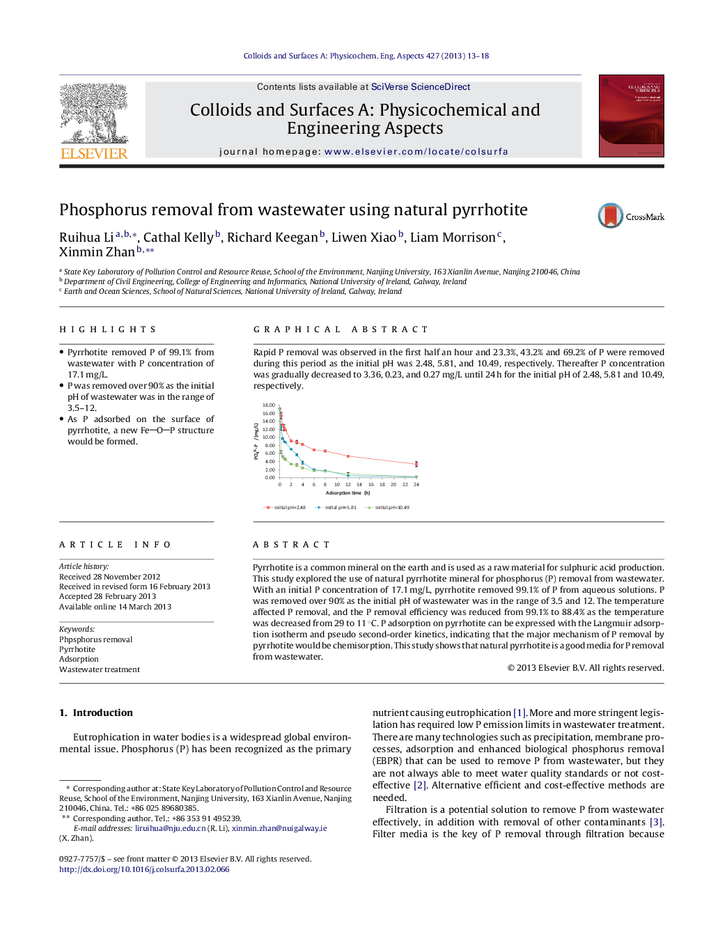 Phosphorus removal from wastewater using natural pyrrhotite