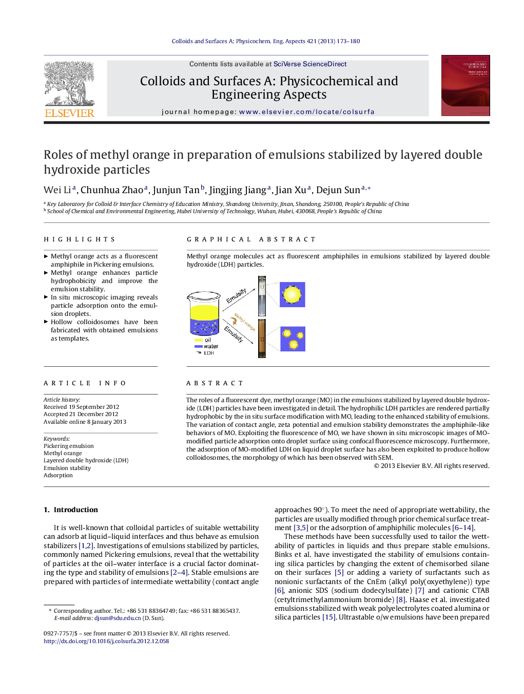 Roles of methyl orange in preparation of emulsions stabilized by layered double hydroxide particles