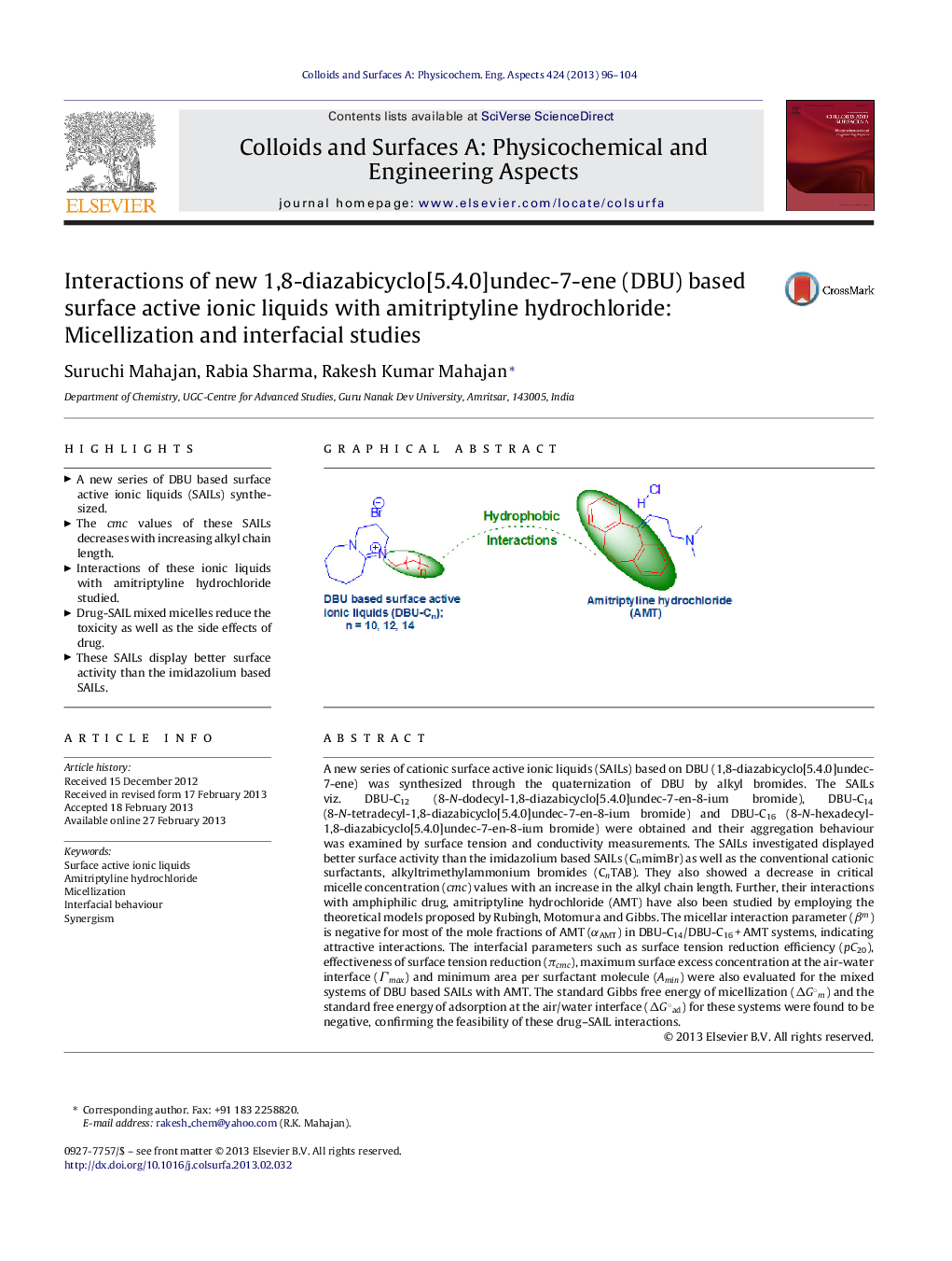 Interactions of new 1,8-diazabicyclo[5.4.0]undec-7-ene (DBU) based surface active ionic liquids with amitriptyline hydrochloride: Micellization and interfacial studies