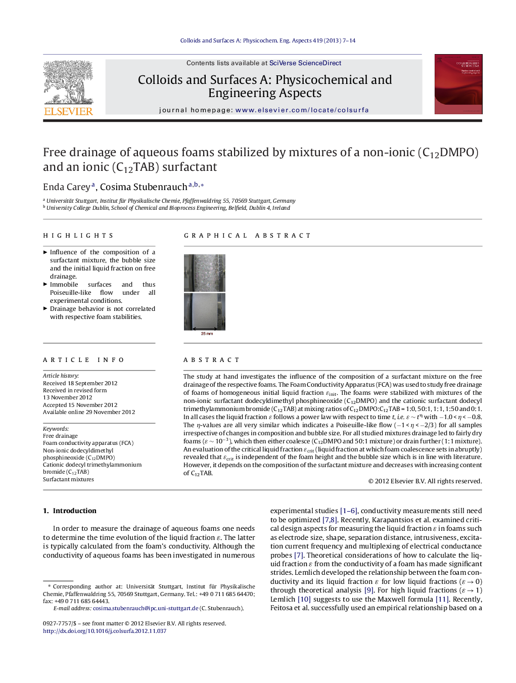 Free drainage of aqueous foams stabilized by mixtures of a non-ionic (C12DMPO) and an ionic (C12TAB) surfactant