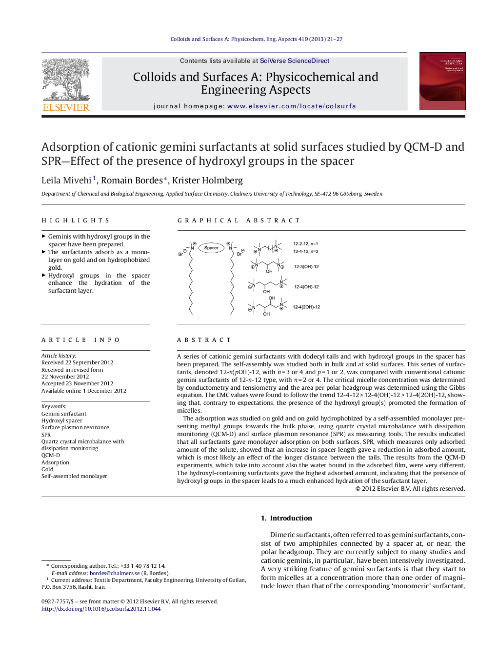 Adsorption of cationic gemini surfactants at solid surfaces studied by QCM-D and SPR—Effect of the presence of hydroxyl groups in the spacer