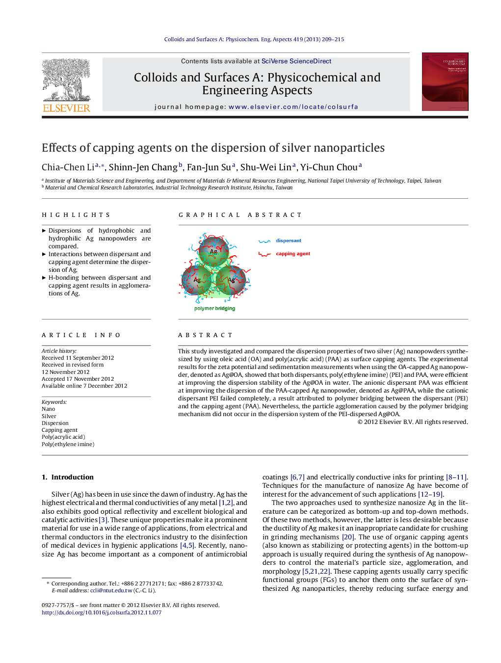 Effects of capping agents on the dispersion of silver nanoparticles