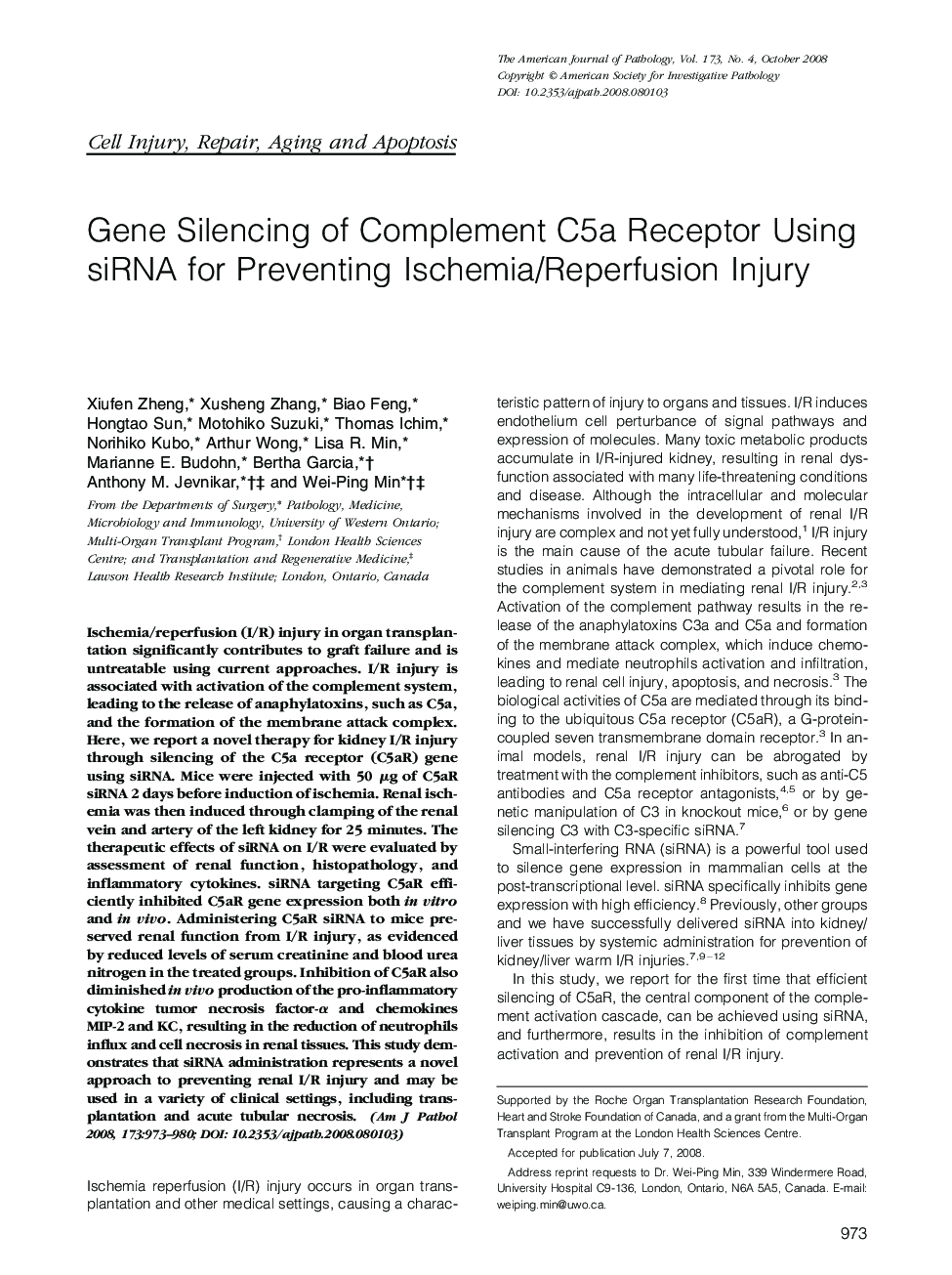 Gene Silencing of Complement C5a Receptor Using siRNA for Preventing Ischemia/Reperfusion Injury