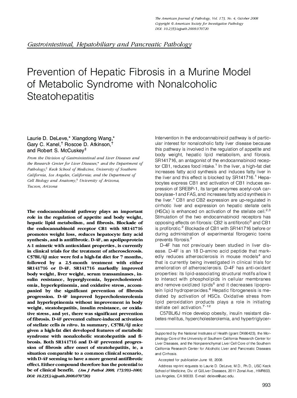 Prevention of Hepatic Fibrosis in a Murine Model of Metabolic Syndrome with Nonalcoholic Steatohepatitis