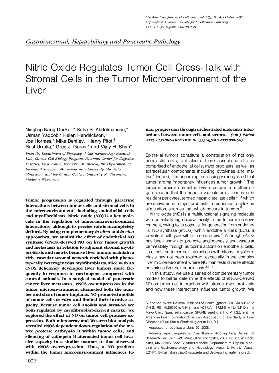 Nitric Oxide Regulates Tumor Cell Cross-Talk with Stromal Cells in the Tumor Microenvironment of the Liver