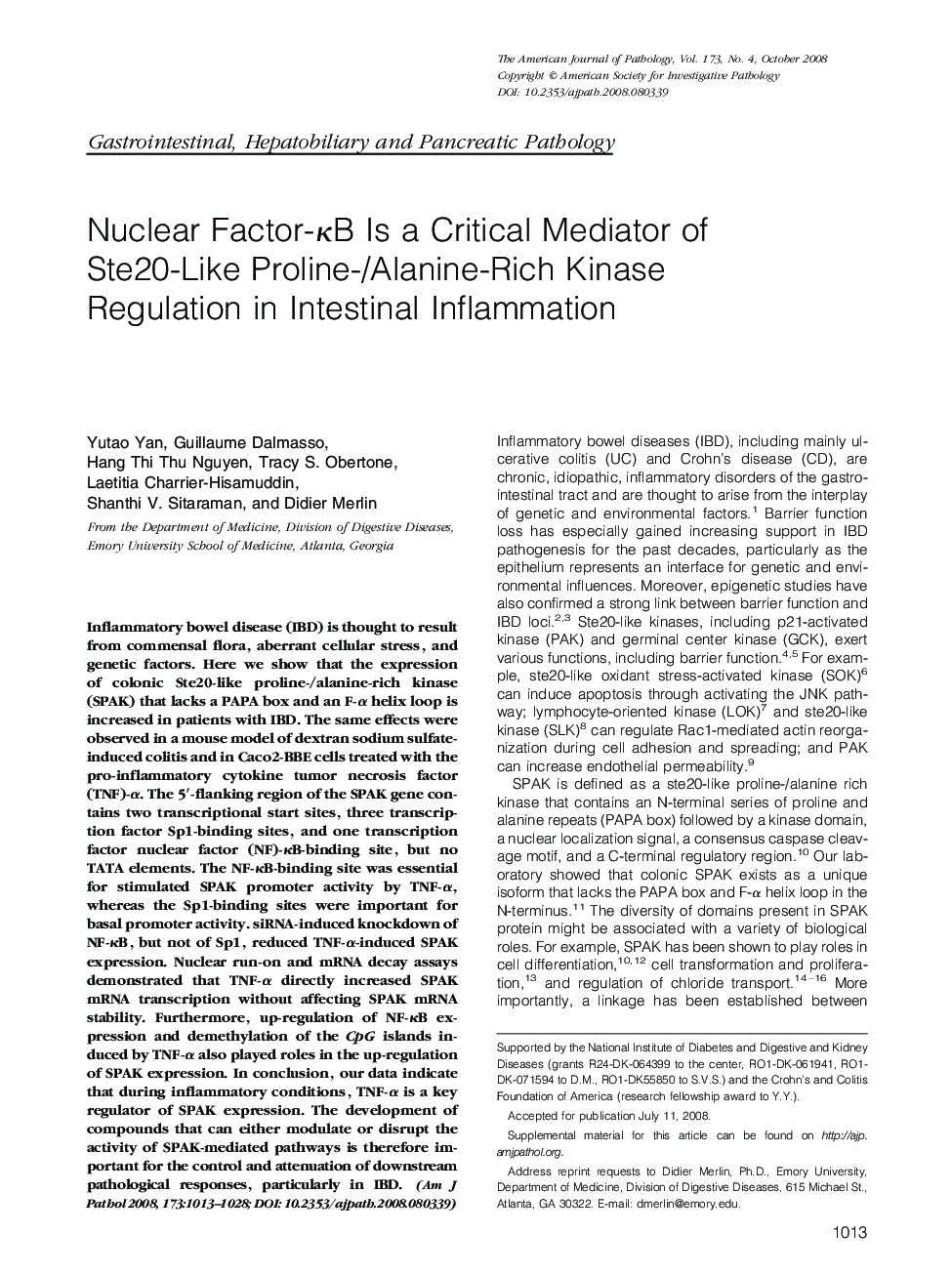 Nuclear Factor-ÎºB Is a Critical Mediator of Ste20-Like Proline-/Alanine-Rich Kinase Regulation in Intestinal Inflammation