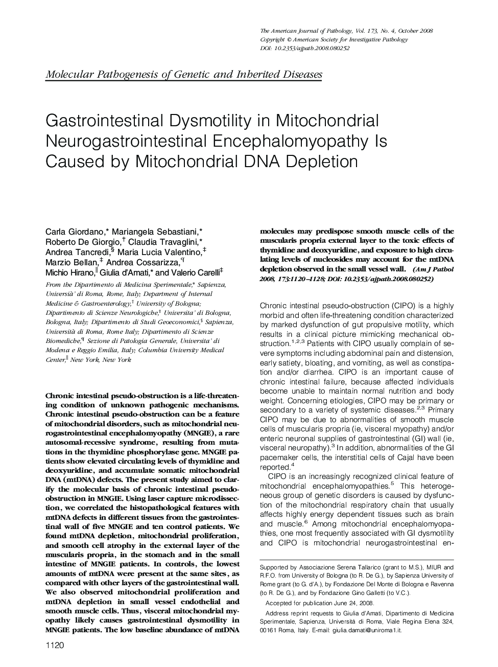 Gastrointestinal Dysmotility in Mitochondrial Neurogastrointestinal Encephalomyopathy Is Caused by Mitochondrial DNA Depletion