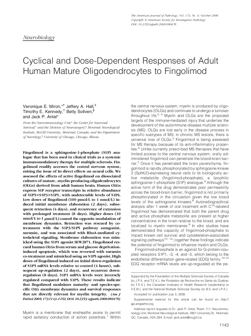 Cyclical and Dose-Dependent Responses of Adult Human Mature Oligodendrocytes to Fingolimod