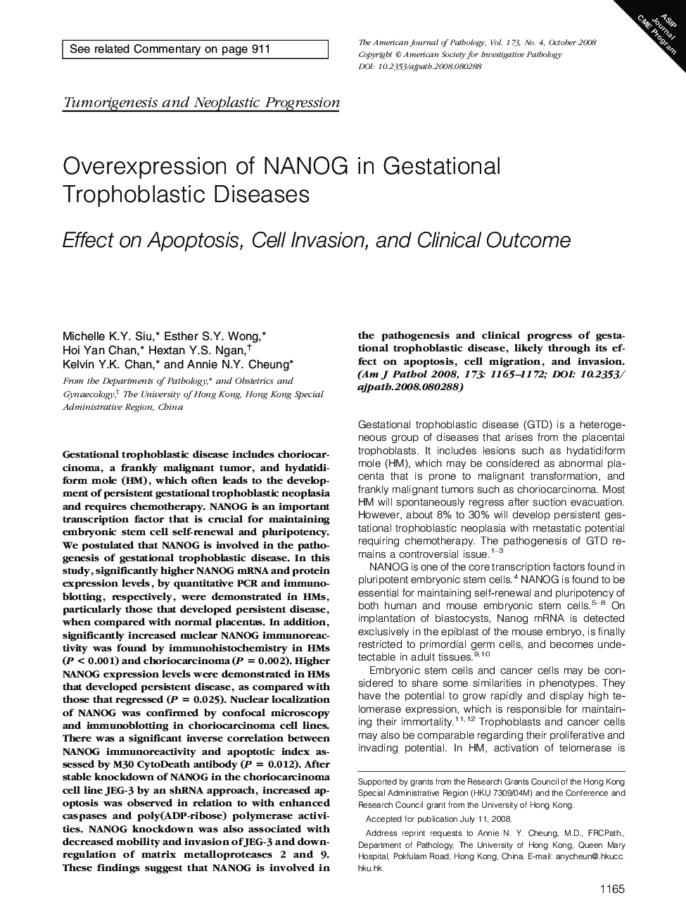 Regular ArticlesOverexpression of NANOG in Gestational Trophoblastic Diseases: Effect on Apoptosis, Cell Invasion, and Clinical Outcome