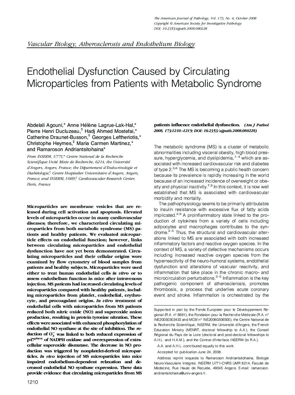 Endothelial Dysfunction Caused by Circulating Microparticles from Patients with Metabolic Syndrome