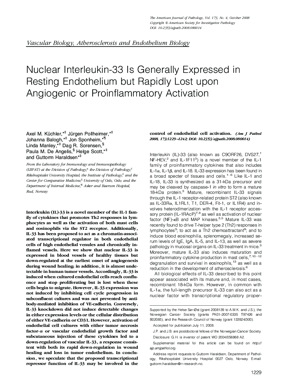 Nuclear Interleukin-33 Is Generally Expressed in Resting Endothelium but Rapidly Lost upon Angiogenic or Proinflammatory Activation