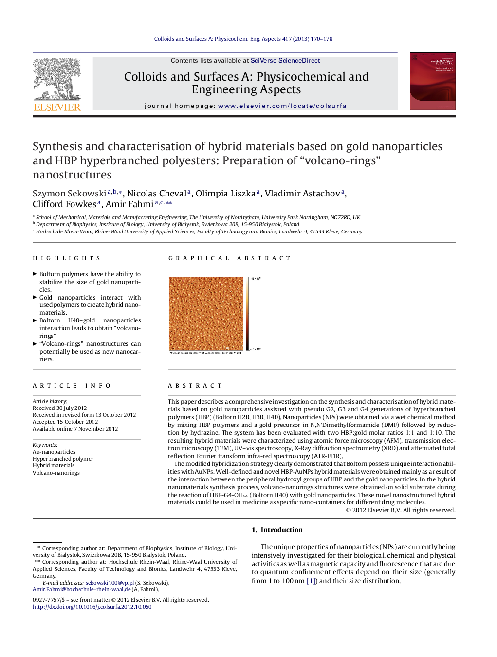 Synthesis and characterisation of hybrid materials based on gold nanoparticles and HBP hyperbranched polyesters: Preparation of ``volcano-rings'' nanostructures